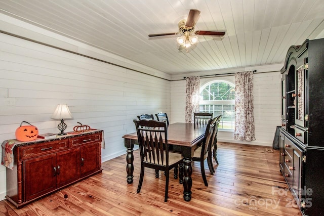 dining area featuring light wood-type flooring, ceiling fan, wooden ceiling, and wood walls