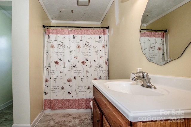 bathroom featuring walk in shower, tile patterned flooring, a textured ceiling, vanity, and ornamental molding