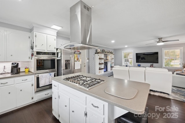 kitchen with crown molding, white cabinetry, island exhaust hood, and stainless steel appliances