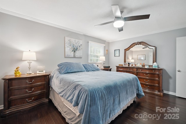 bedroom with ceiling fan, dark wood-type flooring, and ornamental molding