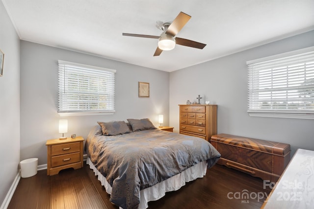 bedroom with ceiling fan, dark hardwood / wood-style floors, and multiple windows