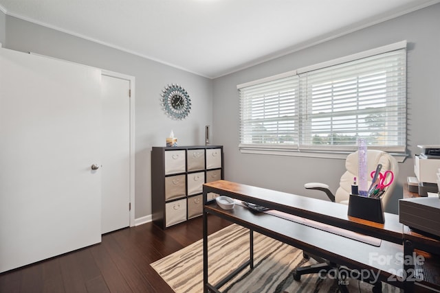 office featuring ornamental molding and dark wood-type flooring