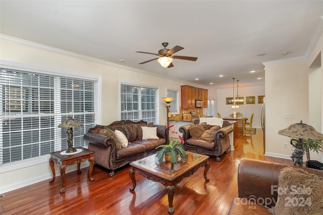 living room featuring wood-type flooring, ceiling fan with notable chandelier, and ornamental molding