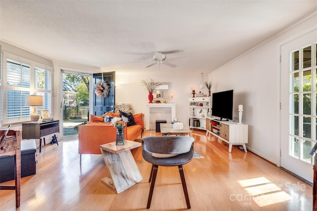 living room featuring crown molding, light hardwood / wood-style flooring, a textured ceiling, and ceiling fan