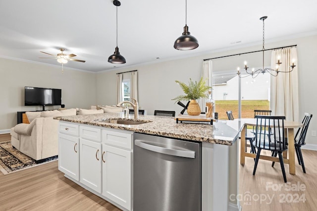 kitchen with white cabinetry, sink, light wood-type flooring, and dishwasher