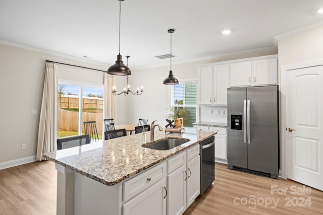 kitchen with stainless steel appliances, white cabinets, sink, and a kitchen island with sink