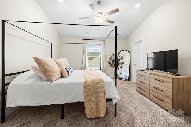 bedroom with carpet, vaulted ceiling, and ceiling fan