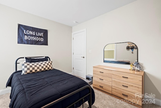 bedroom with light carpet