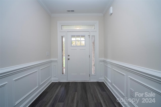 doorway to outside with dark wood-type flooring and crown molding