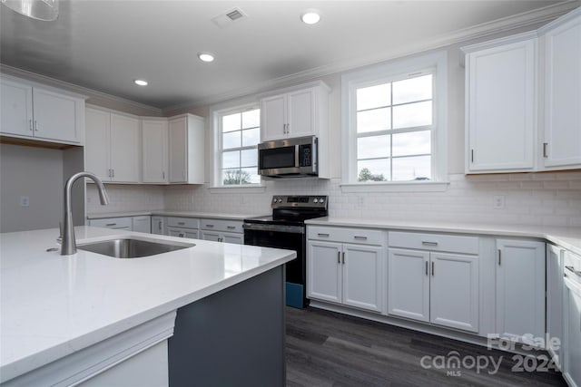 kitchen with stainless steel appliances, white cabinetry, sink, and dark wood-type flooring