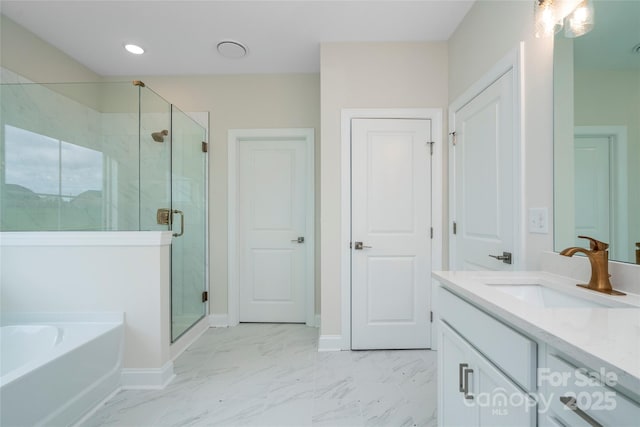 full bath with marble finish floor, a stall shower, vanity, and a bath