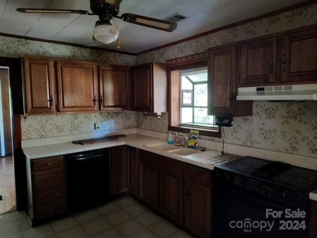 kitchen with ceiling fan, light tile patterned floors, ornamental molding, black appliances, and sink