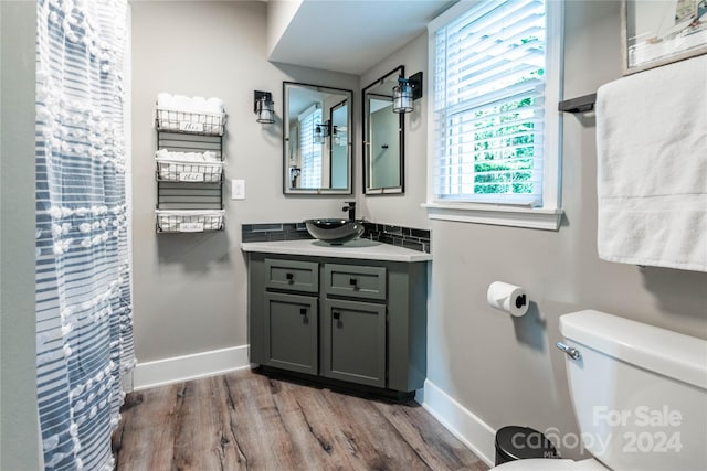 bathroom featuring vanity, hardwood / wood-style floors, and toilet