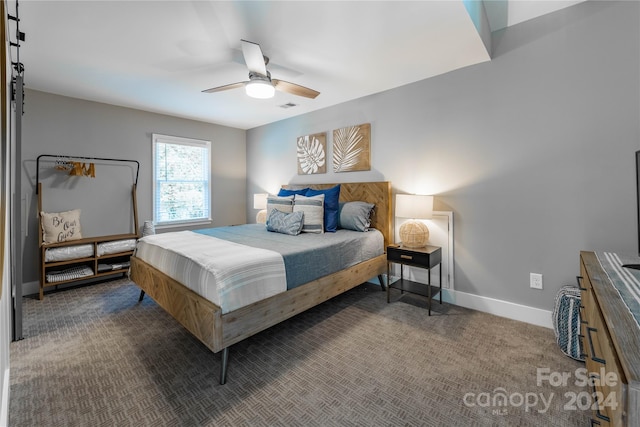 bedroom featuring carpet flooring and ceiling fan