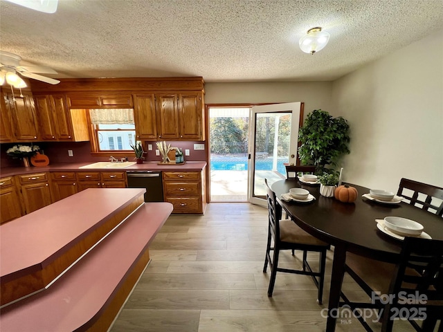 kitchen featuring ceiling fan, dishwasher, a textured ceiling, and sink