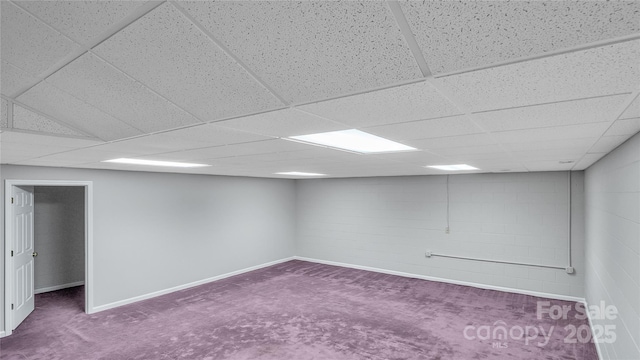 basement featuring a paneled ceiling and carpet