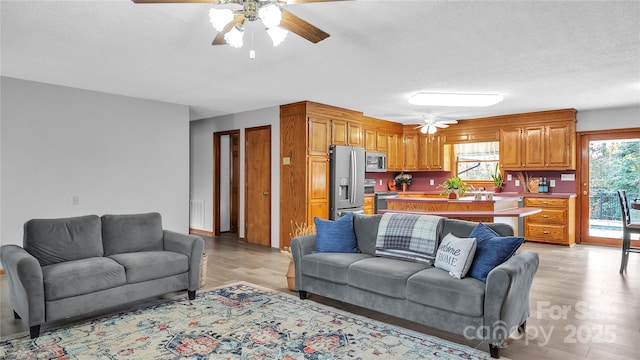 living room featuring light hardwood / wood-style flooring and a textured ceiling