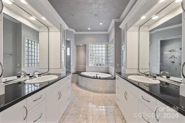 bathroom featuring vanity, ornamental molding, and plus walk in shower