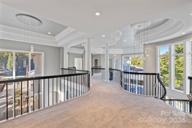 corridor featuring carpet, a tray ceiling, and a healthy amount of sunlight