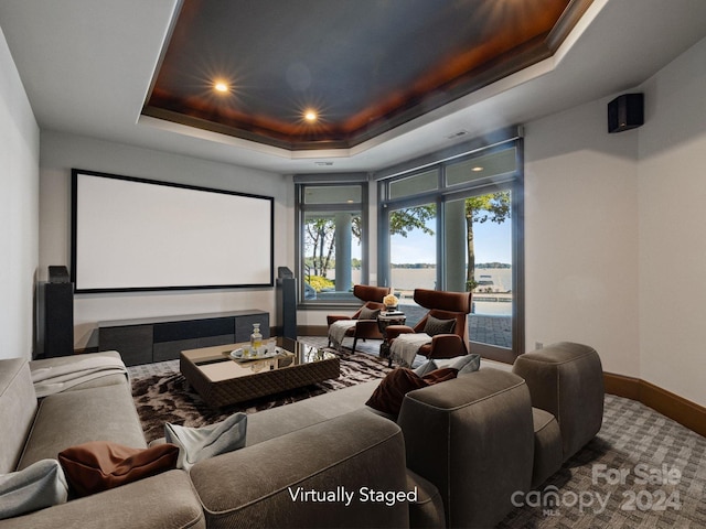 carpeted cinema room with a tray ceiling