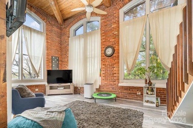 sunroom / solarium with vaulted ceiling with beams, wood ceiling, a healthy amount of sunlight, and ceiling fan