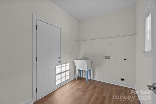 clothes washing area featuring electric dryer hookup, a healthy amount of sunlight, wood-type flooring, and washer hookup