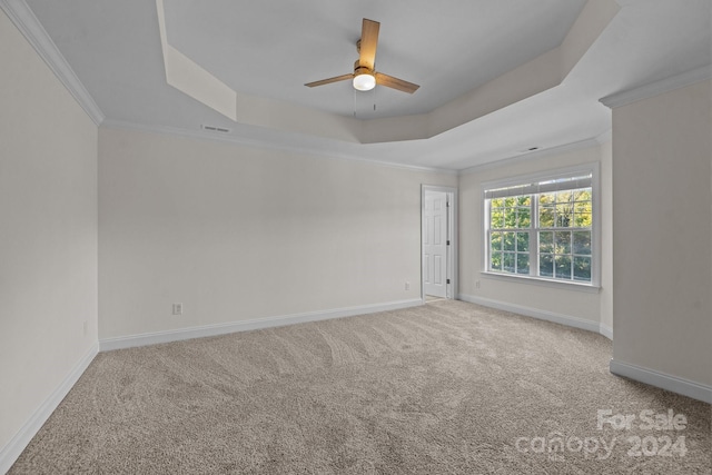 empty room featuring ceiling fan, a raised ceiling, carpet floors, and ornamental molding