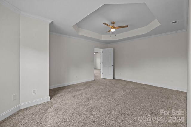 spare room with a tray ceiling, crown molding, ceiling fan, and light carpet