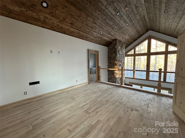 interior space with wood ceiling, vaulted ceiling, and wood finished floors