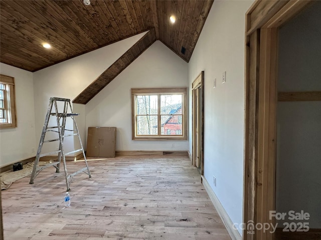 additional living space featuring baseboards, wooden ceiling, wood finished floors, vaulted ceiling, and recessed lighting