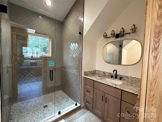371 Hews Cir, Blowing Rock, NC 28605 - full bathroom featuring vanity, a stall shower, ensuite bath, recessed lighting, and tile patterned floors