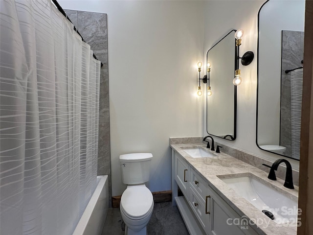 371 Hews Cir, Blowing Rock, NC 28605 - full bathroom with toilet, double vanity, and shower / bath combination with curtain