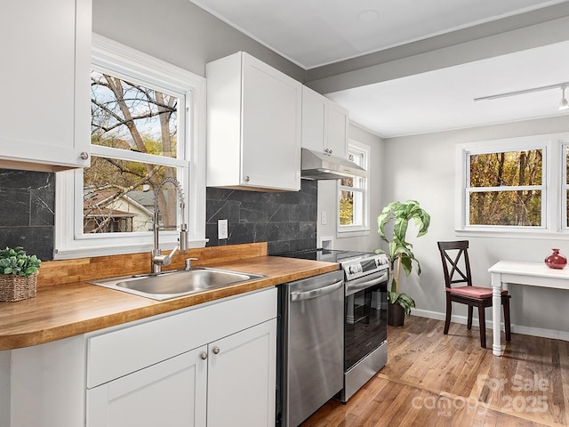60 Fulton St, Asheville, NC 28801 - kitchen featuring appliances with stainless steel finishes, a sink, under cabinet range hood, light wood-type flooring, and decorative backsplash