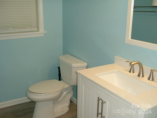 bathroom with vanity, hardwood / wood-style flooring, and toilet