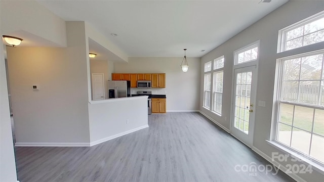 kitchen featuring stainless steel appliances, a wealth of natural light, decorative light fixtures, and light hardwood / wood-style floors