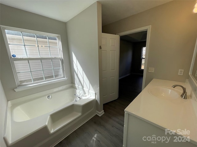 bathroom with vanity, hardwood / wood-style flooring, and a washtub