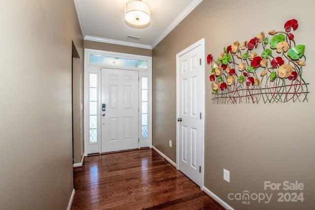 entryway with crown molding and dark hardwood / wood-style flooring