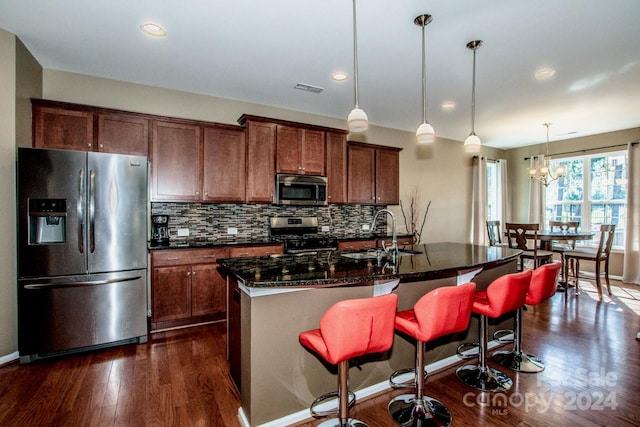 kitchen featuring a center island with sink, sink, appliances with stainless steel finishes, and pendant lighting