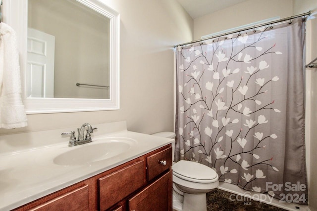 bathroom featuring toilet, a shower with curtain, and vanity