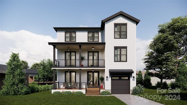 contemporary house with a porch, a balcony, a garage, and a front lawn