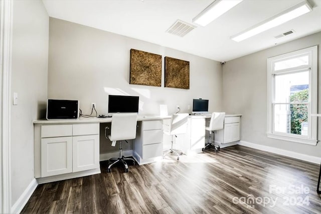 office area with built in desk and dark hardwood / wood-style floors