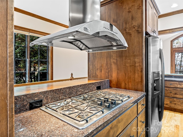 kitchen featuring island range hood, light hardwood / wood-style flooring, crown molding, and stainless steel appliances