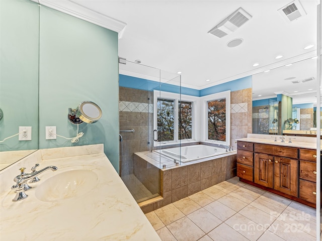 bathroom with ornamental molding, vanity, tile patterned floors, and independent shower and bath