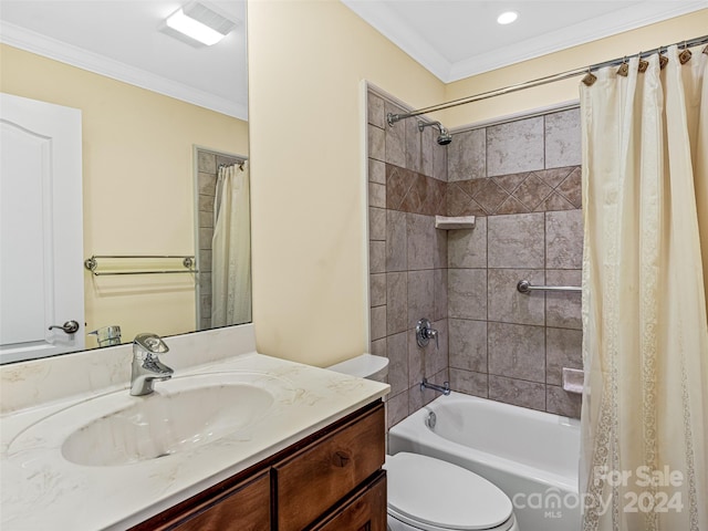 full bathroom with shower / bath combo with shower curtain, vanity, toilet, and crown molding