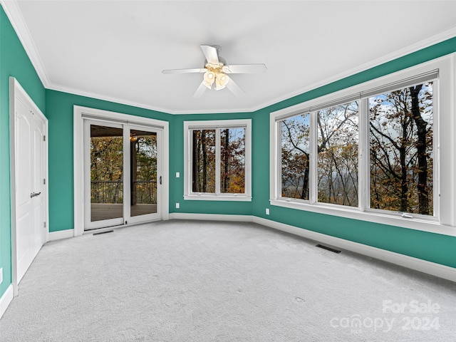 unfurnished sunroom featuring ceiling fan and a healthy amount of sunlight