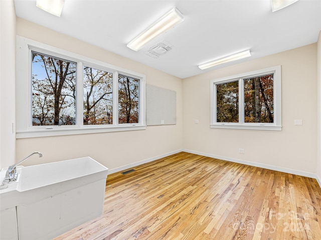 empty room with a wealth of natural light and light hardwood / wood-style flooring