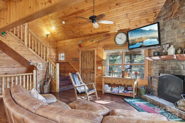 living room featuring wood walls, a fireplace, wood ceiling, dark hardwood / wood-style flooring, and high vaulted ceiling