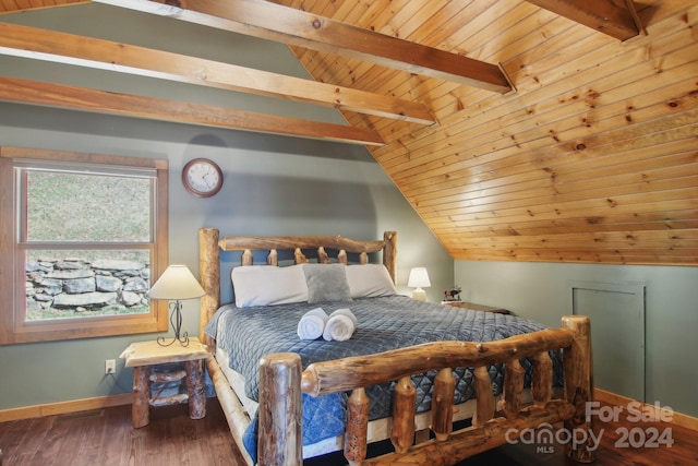 bedroom featuring wood ceiling, vaulted ceiling with beams, and dark hardwood / wood-style flooring