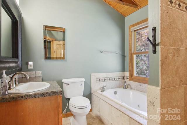 bathroom featuring wooden ceiling, toilet, a relaxing tiled tub, vanity, and lofted ceiling with beams