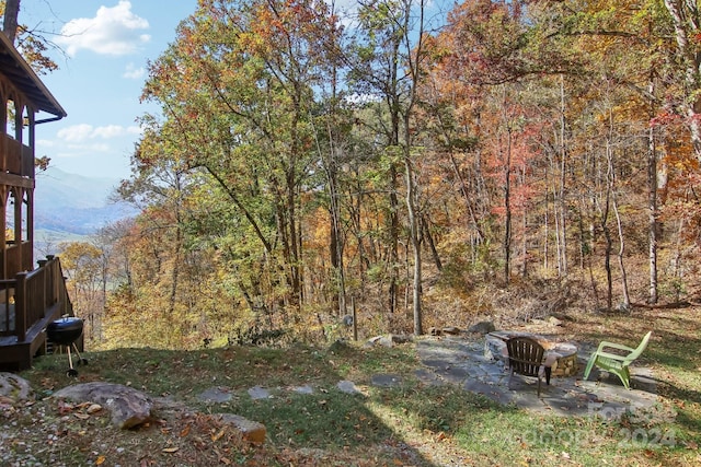 view of yard featuring a patio, a mountain view, and an outdoor fire pit